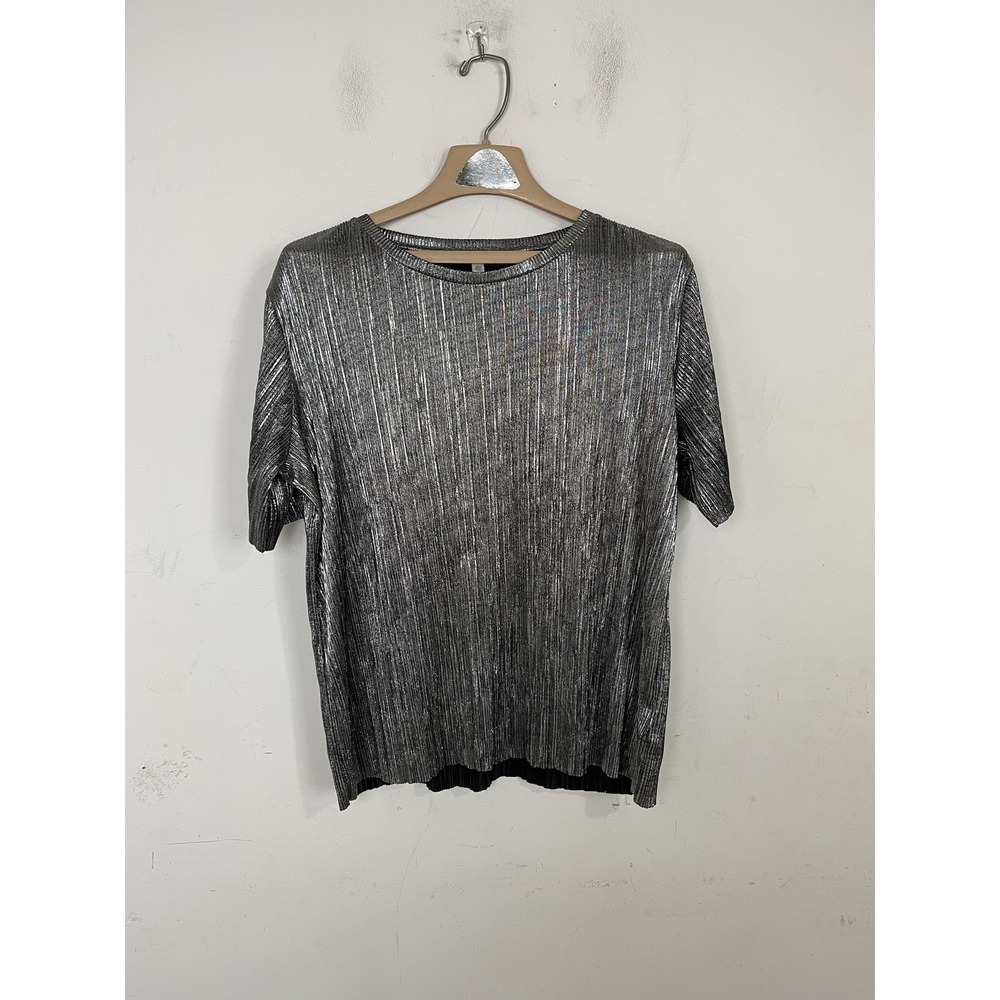 Silence + Noise Womens M Silver Metallic Short Sleeve Party Holiday New Years